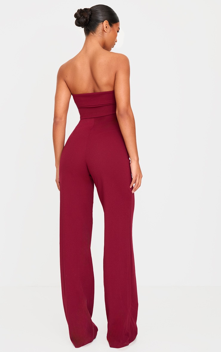 Pretty Little Thing Burgundy Crepe Fold Over Detail Wide Leg Jumpsuit