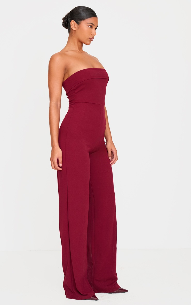 Pretty Little Thing Burgundy Crepe Fold Over Detail Wide Leg Jumpsuit