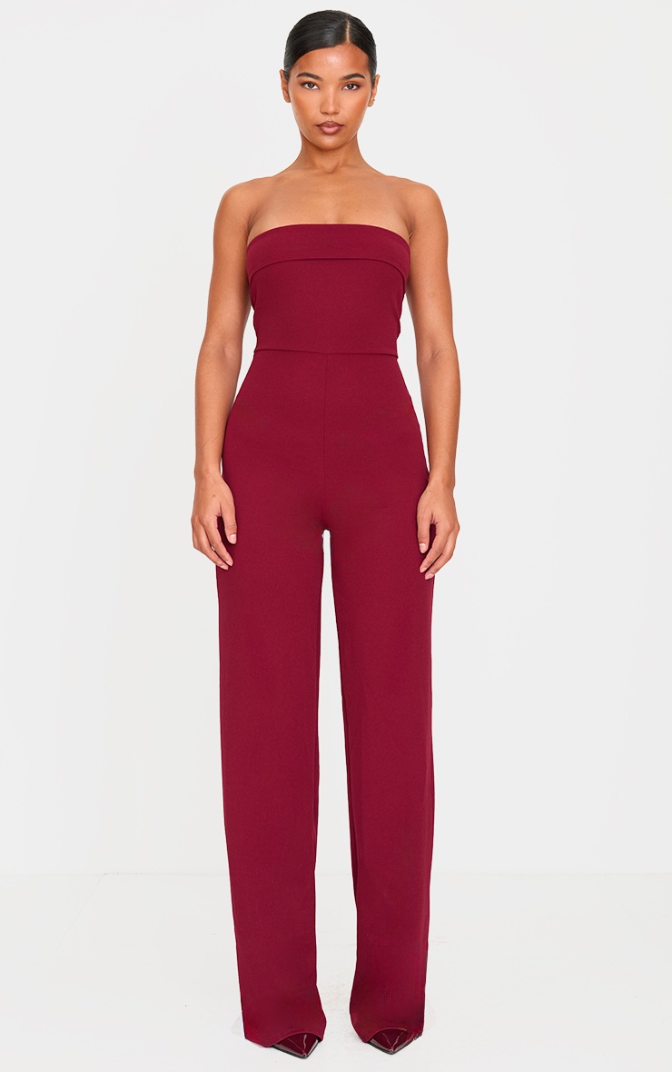 Pretty Little Thing Burgundy Crepe Fold Over Detail Wide Leg Jumpsuit