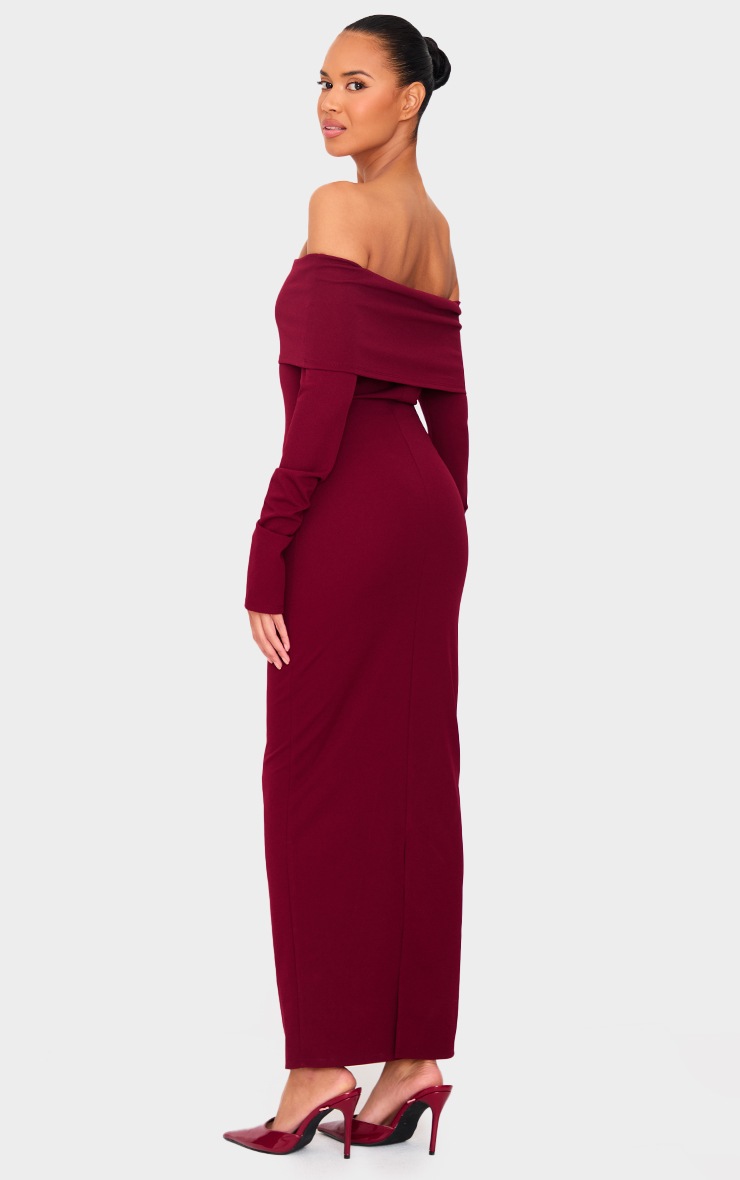 Pretty Little Thing Burgundy Crepe Long Sleeve Bardot Maxi Dress