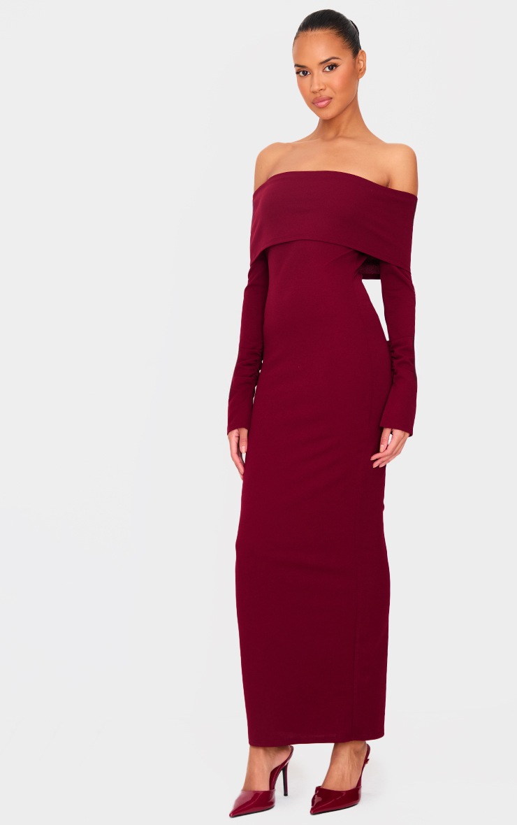 Pretty Little Thing Burgundy Crepe Long Sleeve Bardot Maxi Dress
