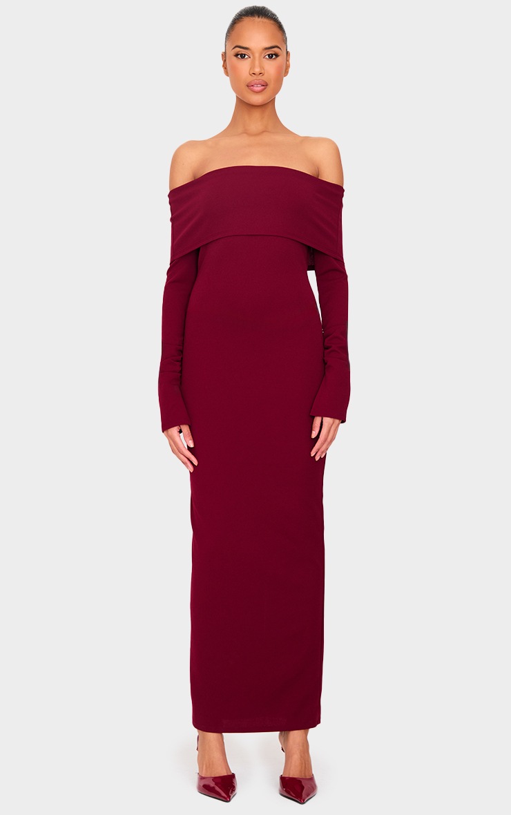 Pretty Little Thing Burgundy Crepe Long Sleeve Bardot Maxi Dress