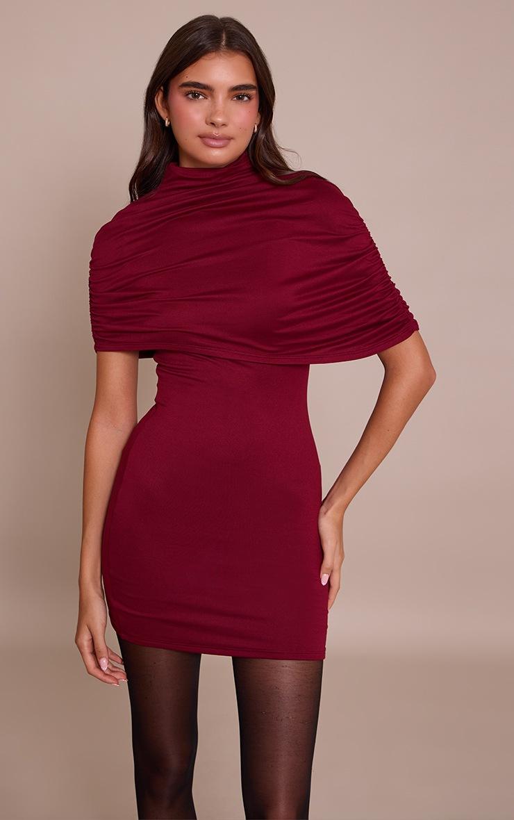 Pretty Little Thing Burgundy Double Contour Asymmetric Overlay Detail Bodycon Dress