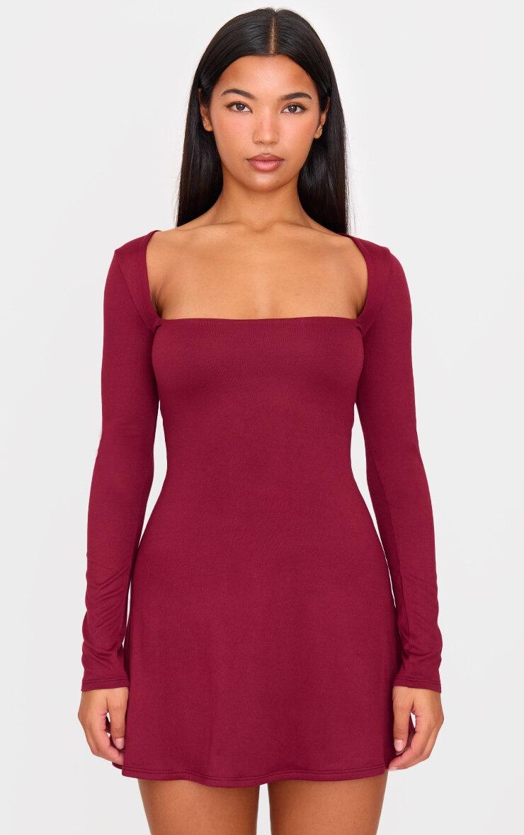 Pretty Little Thing Burgundy Double Contour Square Neck Long Sleeve Bodycon Dress