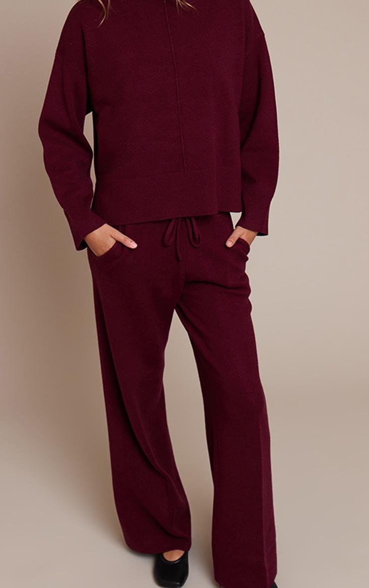 Pretty Little Thing Burgundy Drawstring Wide Leg Knitted Pants