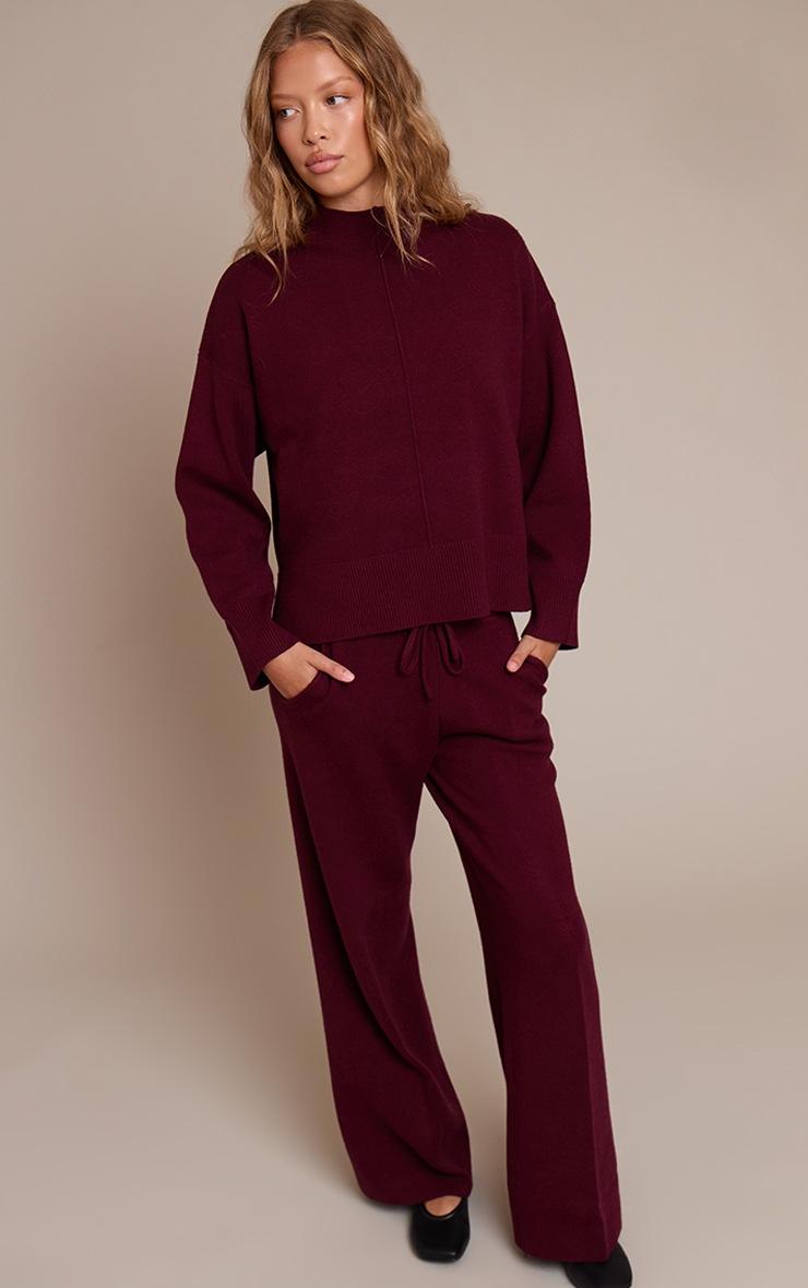 Pretty Little Thing Burgundy Drawstring Wide Leg Knitted Pants