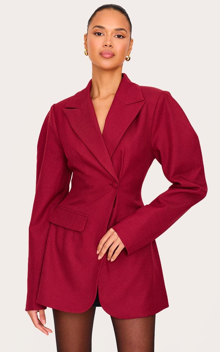 Pretty Little Thing Burgundy Drop Shoulder Cinch Waist Extreme Oversized Blazer