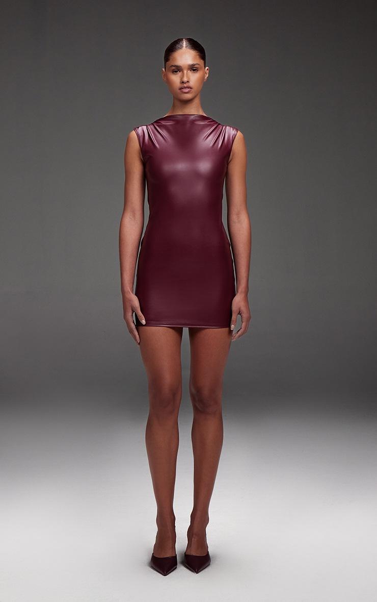 Pretty Little Thing Burgundy Faux Leather High Neck Ruched Mini Dress