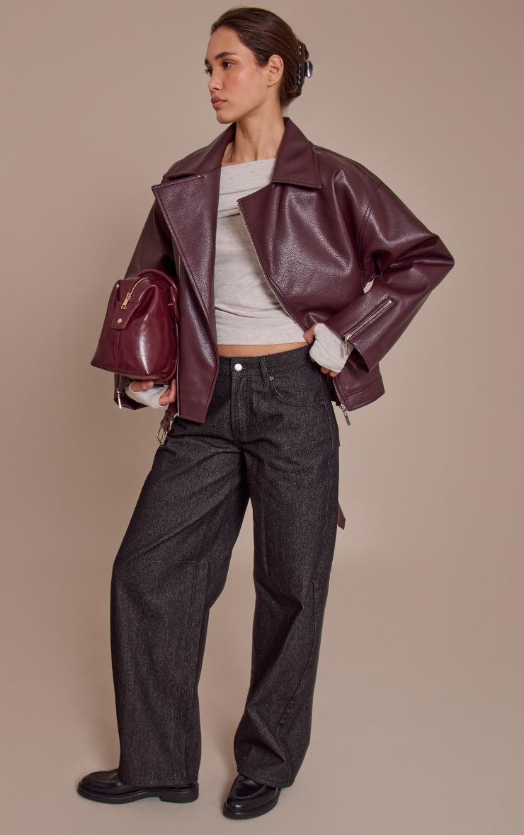 Pretty Little Thing Burgundy Faux Leather Oversized Biker Jacket