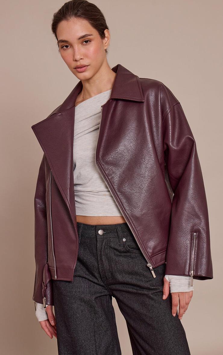 Pretty Little Thing Burgundy Faux Leather Oversized Biker Jacket
