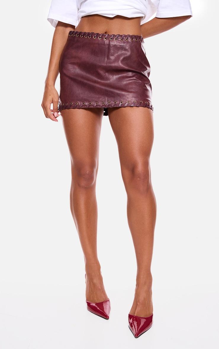 Pretty Little Thing Burgundy Faux Leather Plaited Mini Skirt