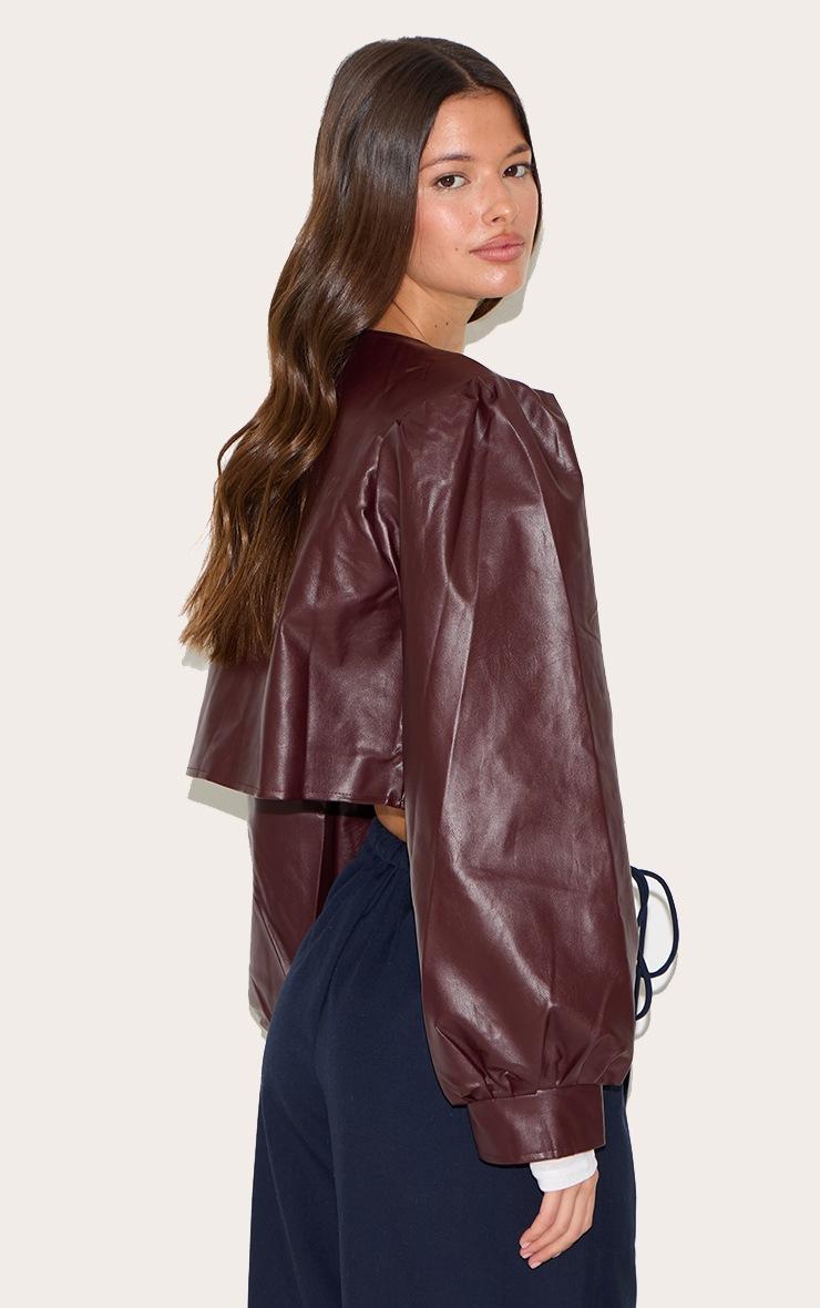 Pretty Little Thing Burgundy Faux Leather Pleat Sleeve Button Up Jacket