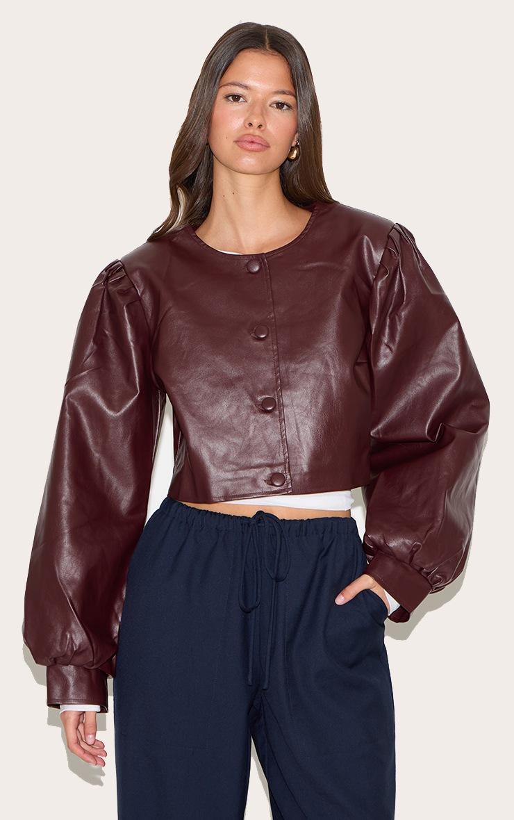 Pretty Little Thing Burgundy Faux Leather Pleat Sleeve Button Up Jacket