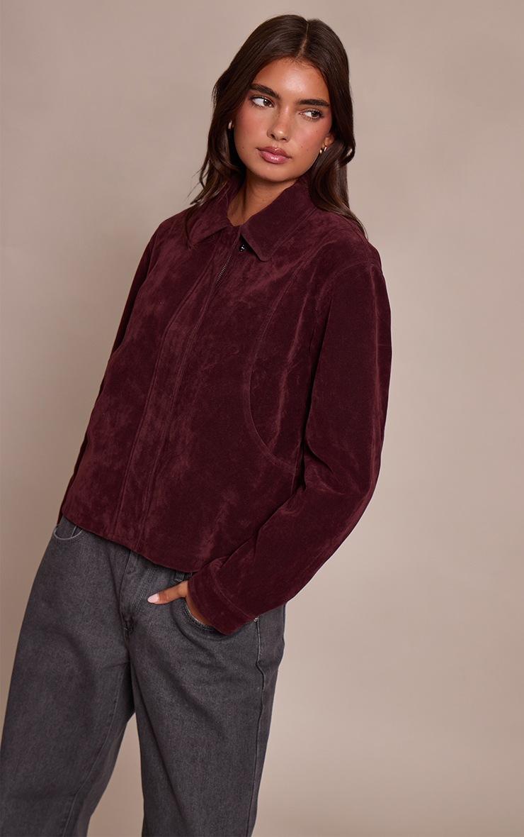 Pretty Little Thing Burgundy Faux Suede Concealed Placket Bomber Jacket