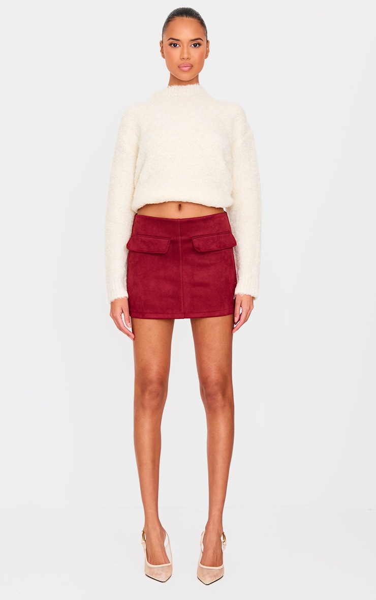 Pretty Little Thing Burgundy Faux Suede Pocket Front Mini Skirt