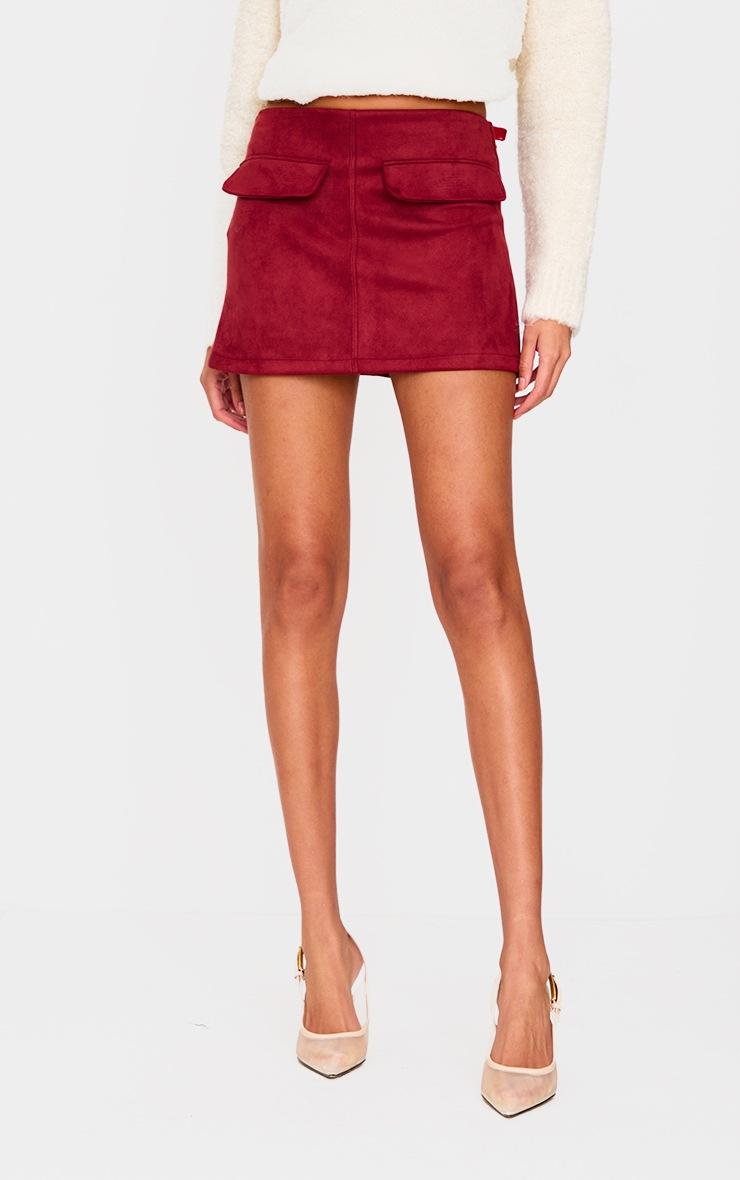 Pretty Little Thing Burgundy Faux Suede Pocket Front Mini Skirt