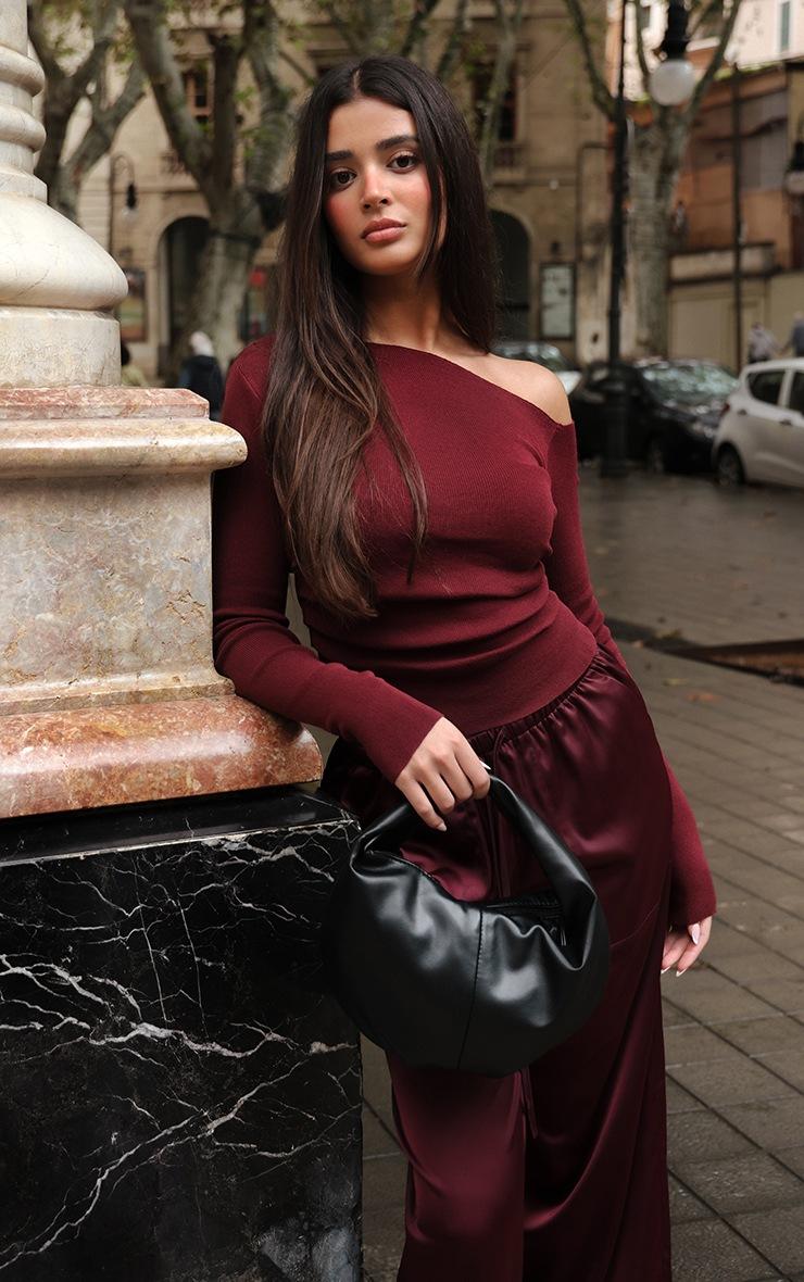 Pretty Little Thing Burgundy Fine Knit Asymmetric Top