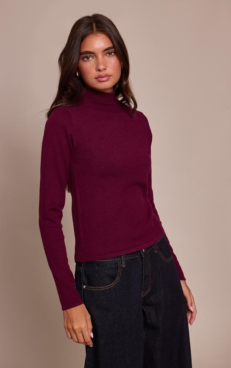 Pretty Little Thing Burgundy Fine Knit High Neck Sweater