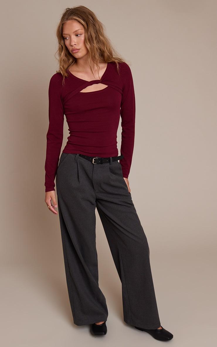 Pretty Little Thing Burgundy Fine Knit Twist Neck Long Sleeve Top