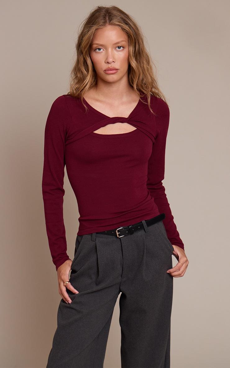 Pretty Little Thing Burgundy Fine Knit Twist Neck Long Sleeve Top