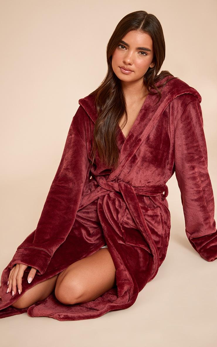 Pretty Little Thing Burgundy Fleece Maxi Hooded Bath Robe