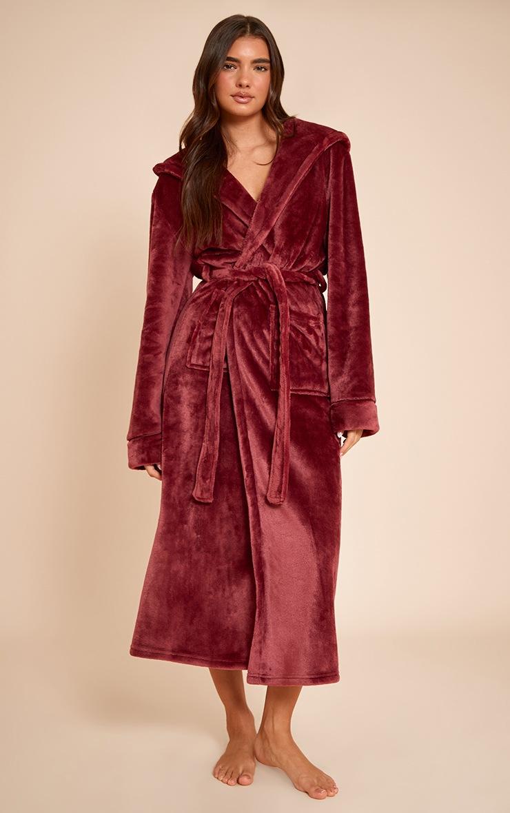Pretty Little Thing Burgundy Fleece Maxi Hooded Bath Robe
