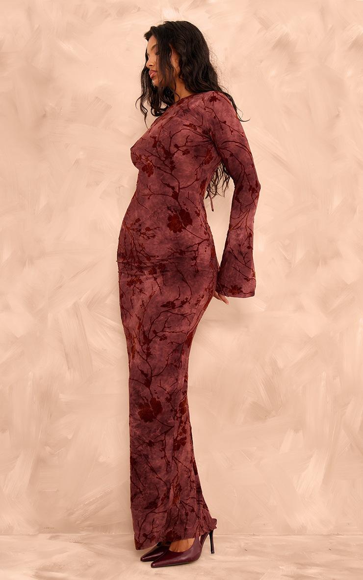 Pretty Little Thing Burgundy Floral Devore Long Sleeve Maxi Dress