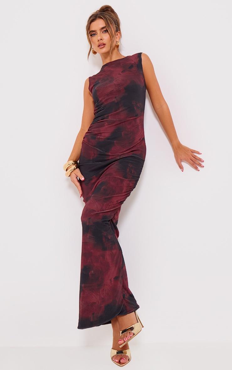 Pretty Little Thing Burgundy Floral Print Mesh Maxi Dress