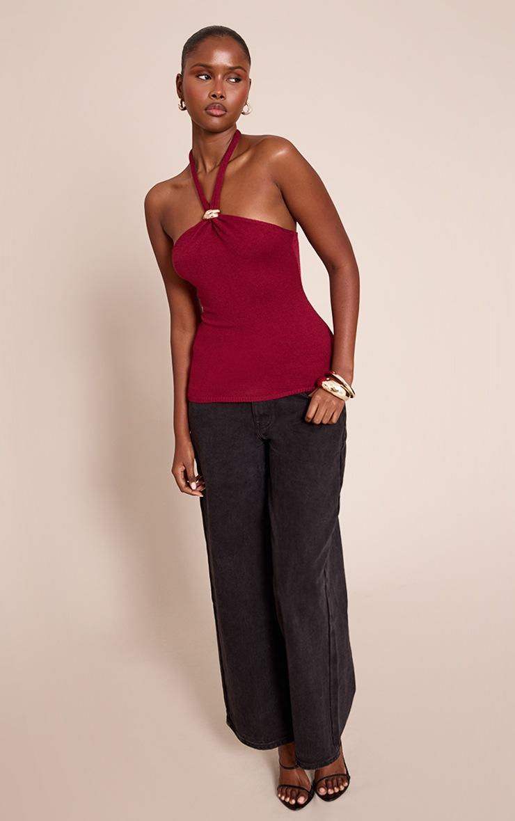Pretty Little Thing Burgundy Halter Neck Trim Detail Top