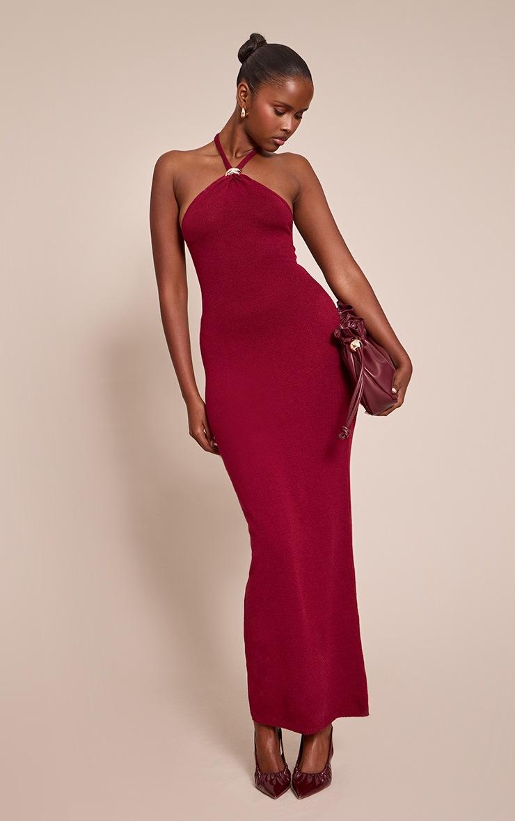 Pretty Little Thing Burgundy Halterneck Trim Detail Maxi Dress