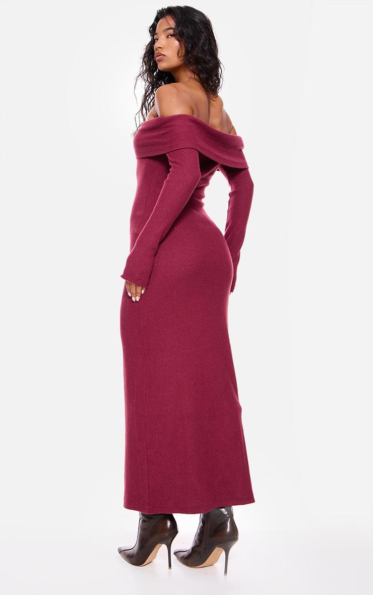 Pretty Little Thing Burgundy Heavy Brushed Rib Bardot Trim Maxi Dress