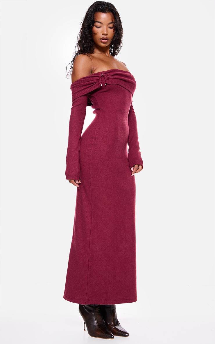 Pretty Little Thing Burgundy Heavy Brushed Rib Bardot Trim Maxi Dress