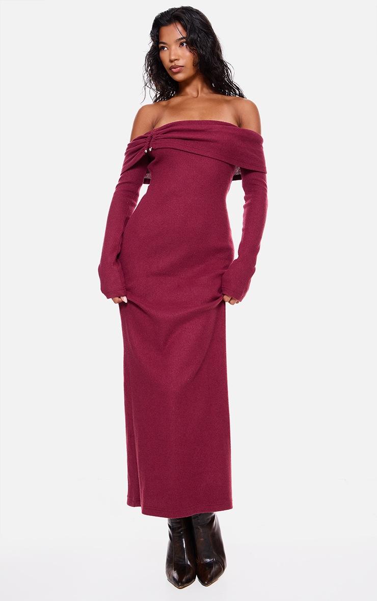 Pretty Little Thing Burgundy Heavy Brushed Rib Bardot Trim Maxi Dress