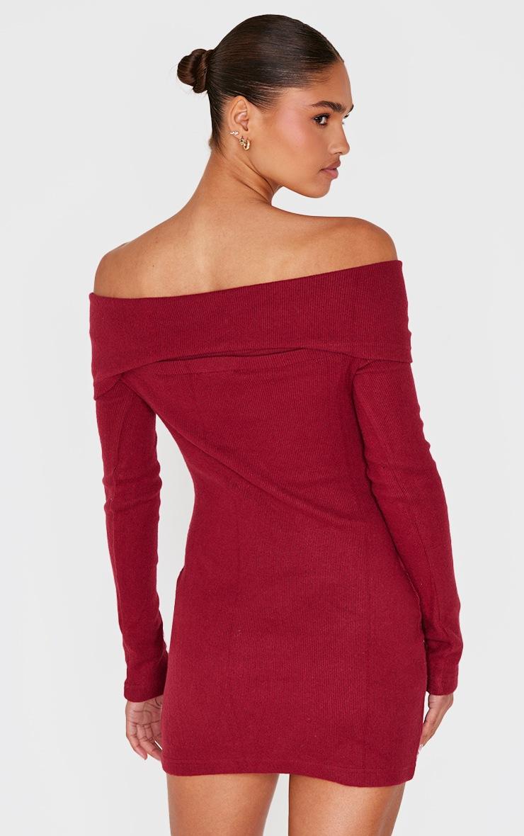 Pretty Little Thing Burgundy Heavy Brushed Rib Bardot Trim Mini Dress