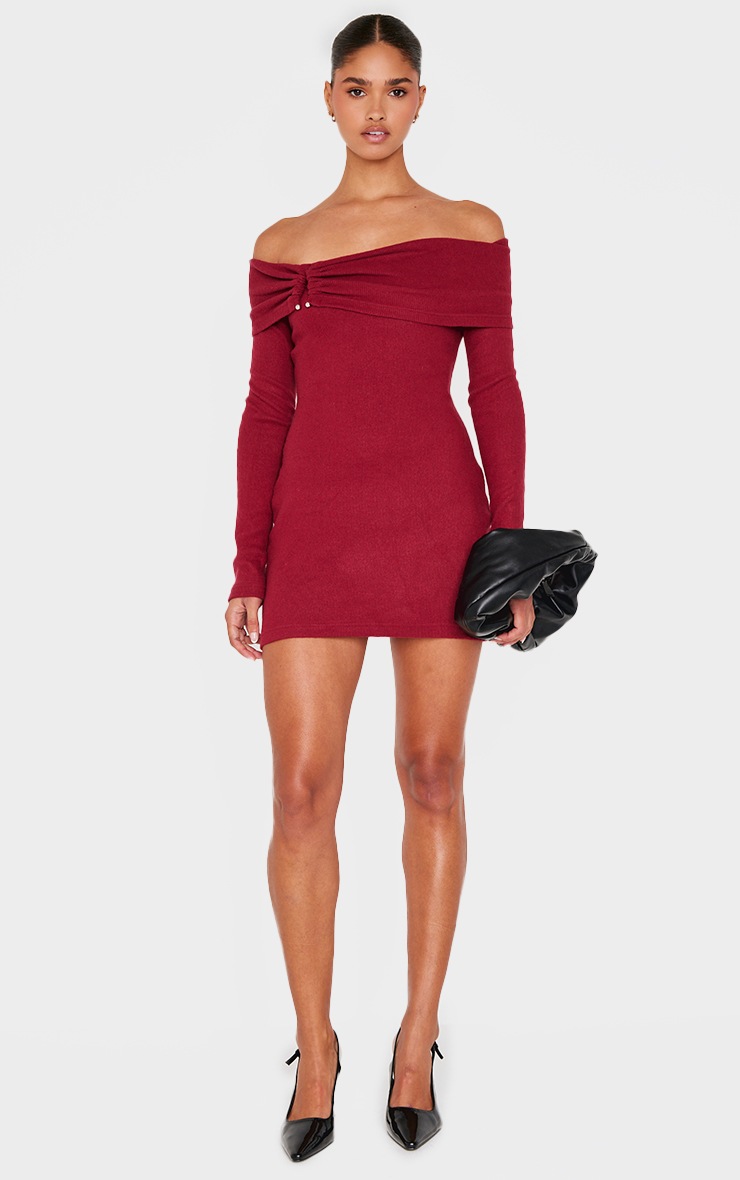Pretty Little Thing Burgundy Heavy Brushed Rib Bardot Trim Mini Dress