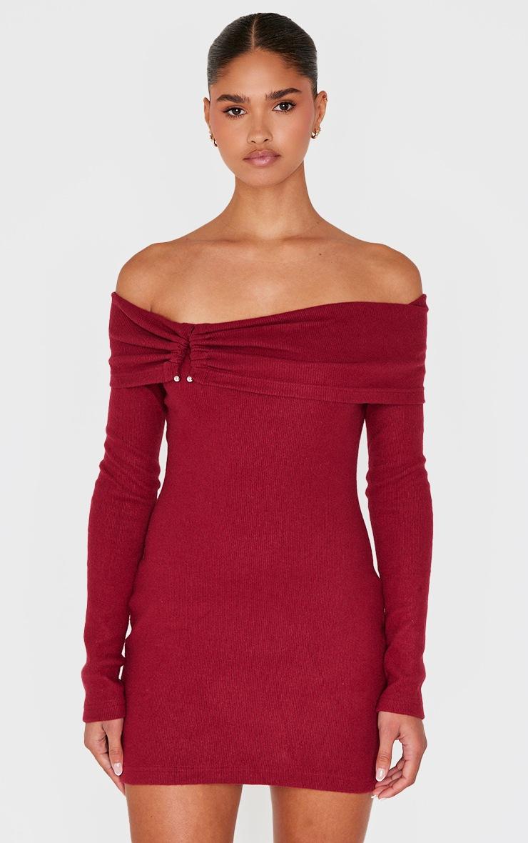 Pretty Little Thing Burgundy Heavy Brushed Rib Bardot Trim Mini Dress