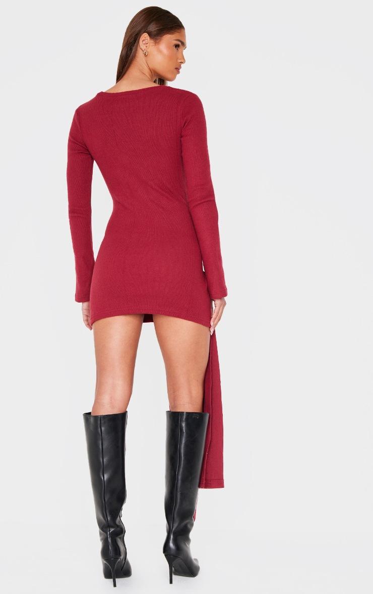 Pretty Little Thing Burgundy Heavy Brushed Rib Boat Neck Wrap Tie Bodycon Dress