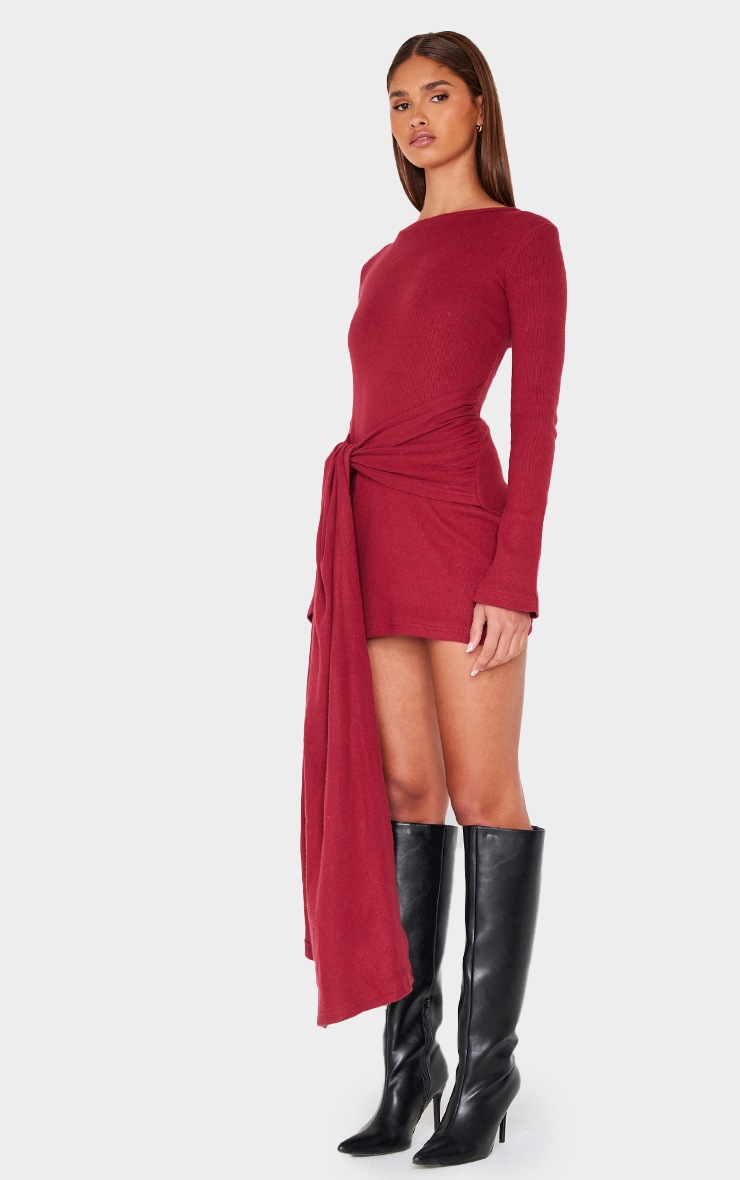 Pretty Little Thing Burgundy Heavy Brushed Rib Boat Neck Wrap Tie Bodycon Dress