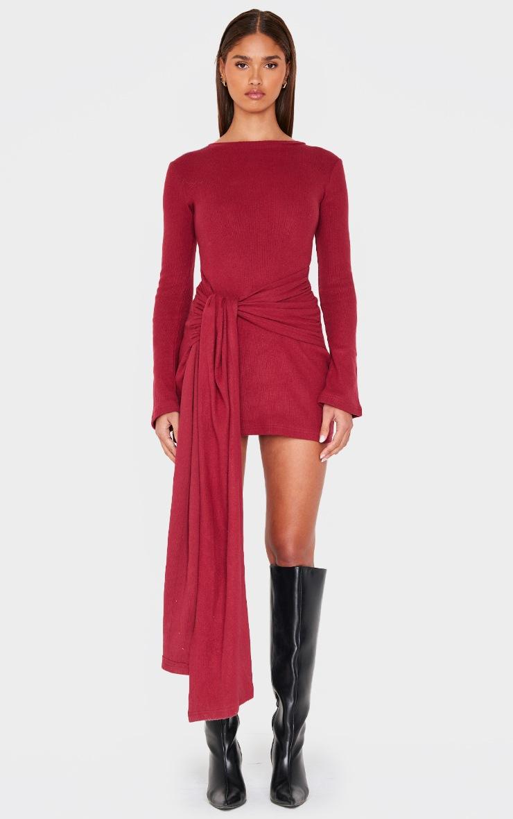 Pretty Little Thing Burgundy Heavy Brushed Rib Boat Neck Wrap Tie Bodycon Dress