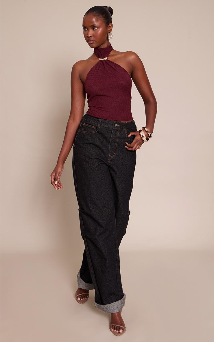 Pretty Little Thing Burgundy High Neck Cuff Detail Knitted Top