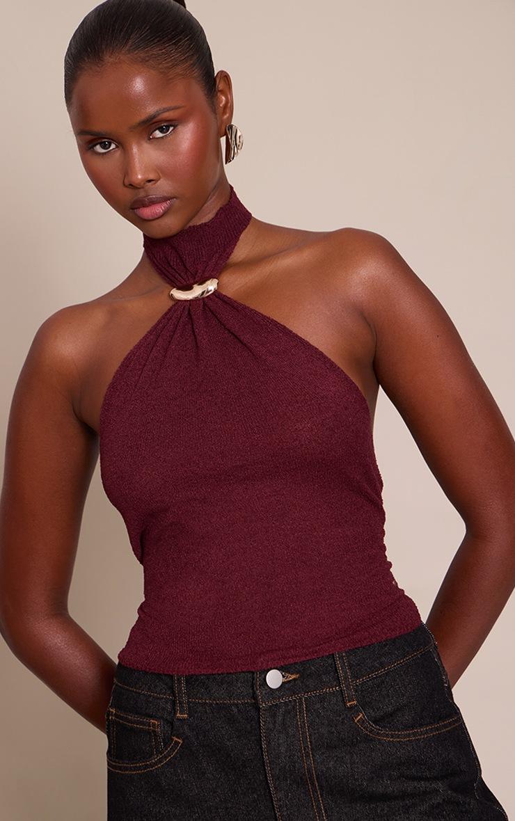 Pretty Little Thing Burgundy High Neck Cuff Detail Knitted Top