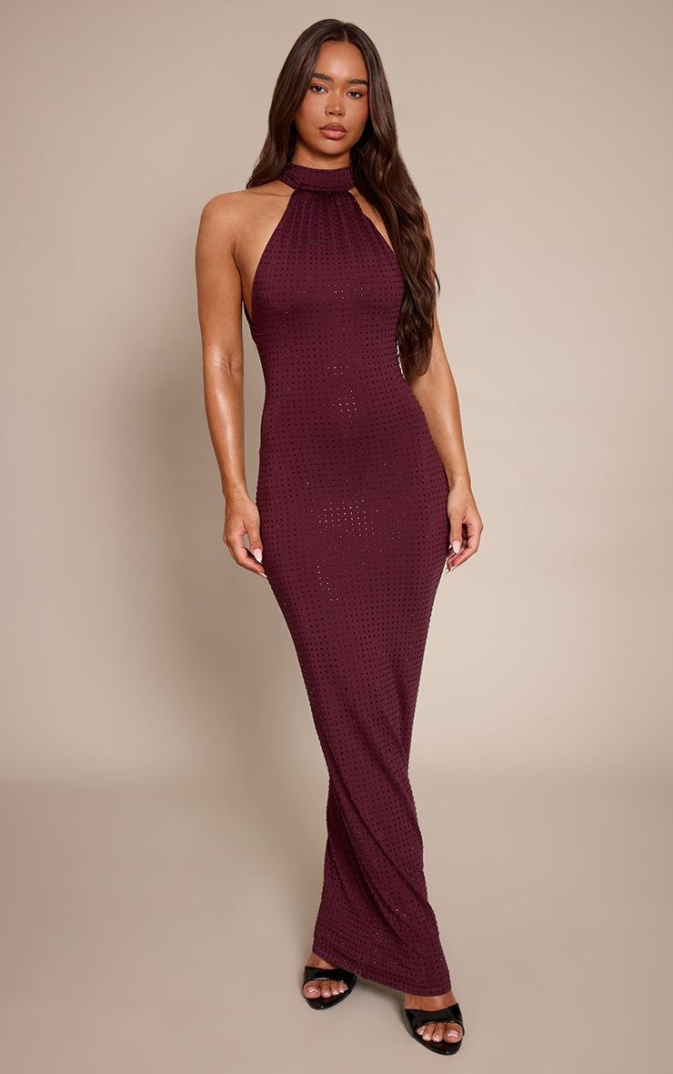 Pretty Little Thing Burgundy Hotfix Halterneck Backless Maxi Dress
