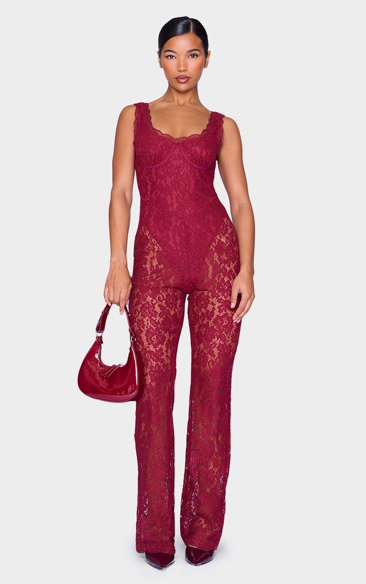 Pretty Little Thing Burgundy Lace Boning Detail Strappy Flared Jumpsuit