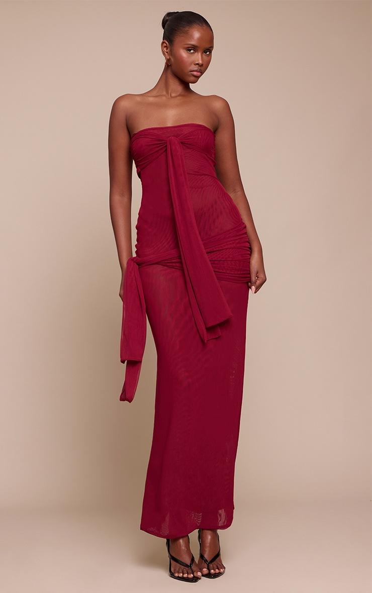 Pretty Little Thing Burgundy Mesh Bandeau Knot Detail Maxi Dress