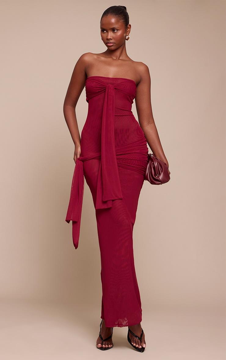 Pretty Little Thing Burgundy Mesh Bandeau Knot Detail Maxi Dress