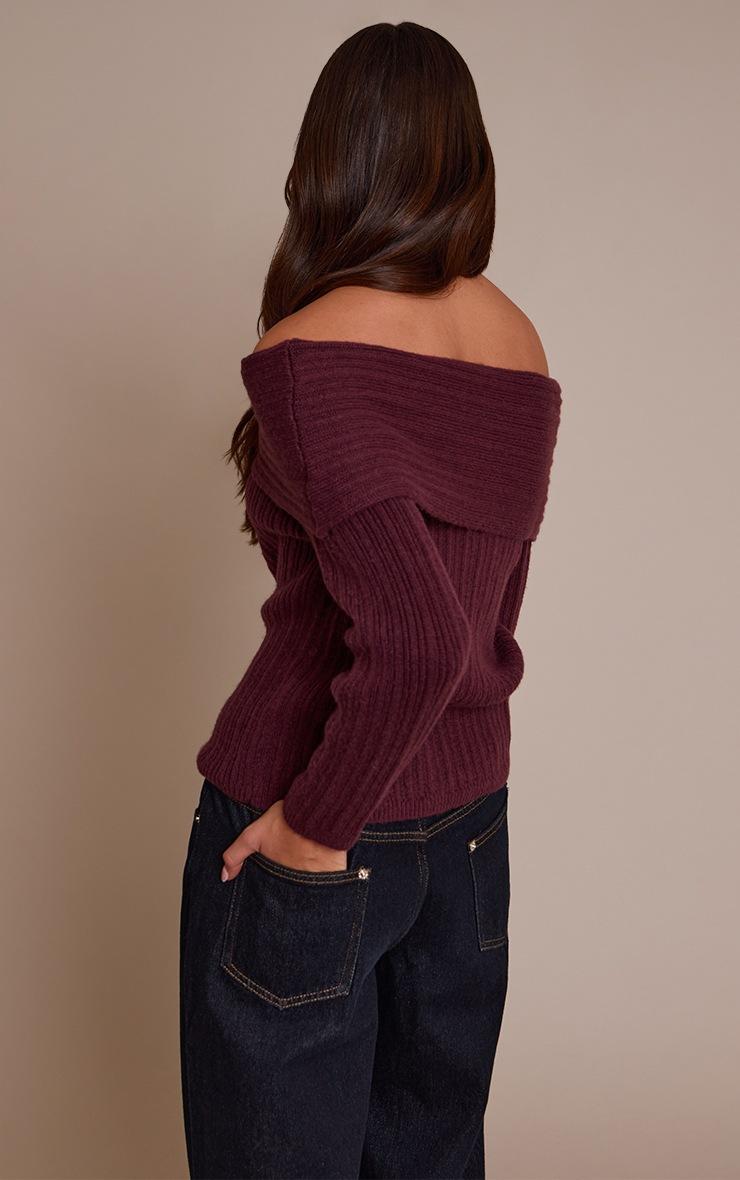 Pretty Little Thing Burgundy Off The Shoulder Knit Long Sleeve Top