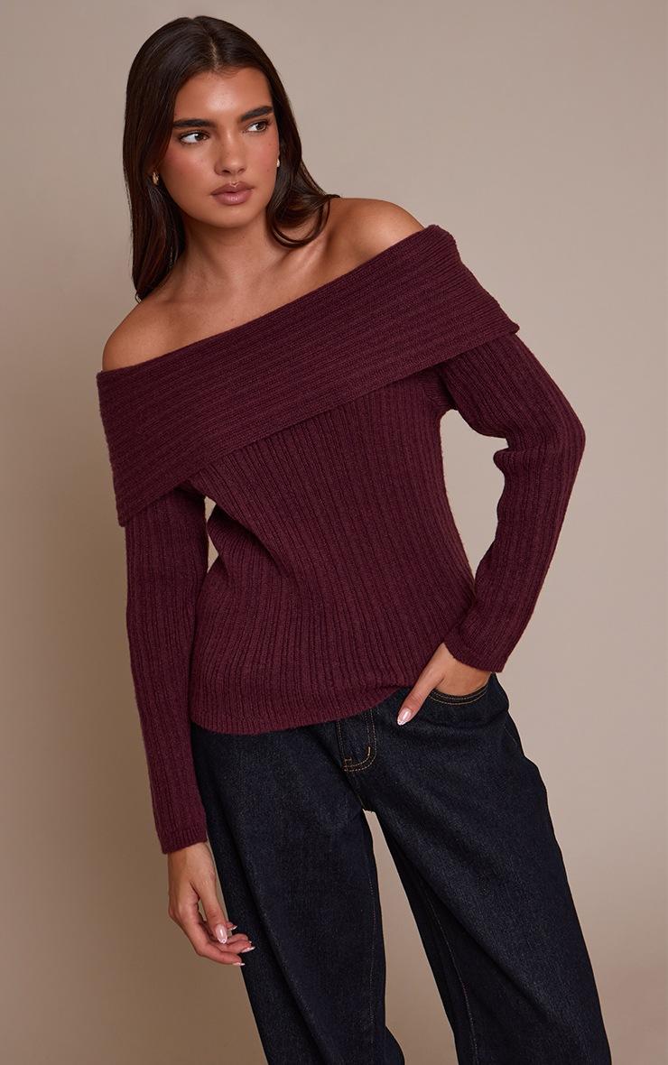 Pretty Little Thing Burgundy Off The Shoulder Knit Long Sleeve Top
