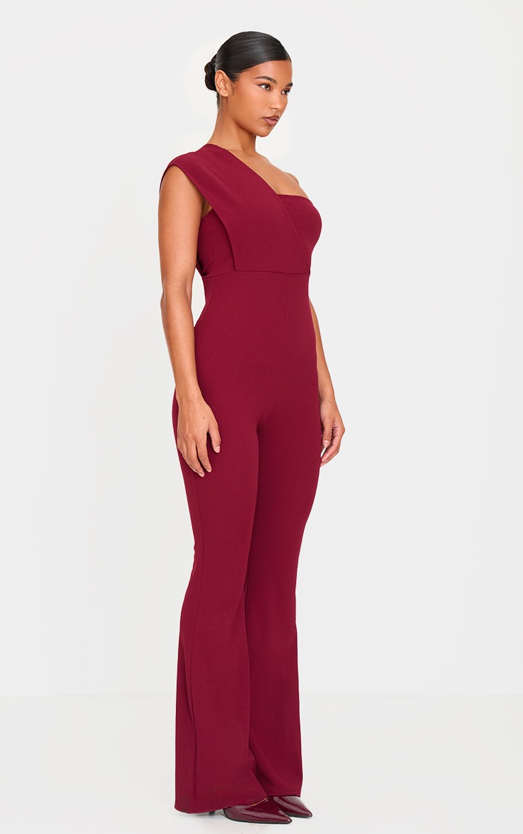 Pretty Little Thing Burgundy One Shoulder Drape Detailed Jumpsuit