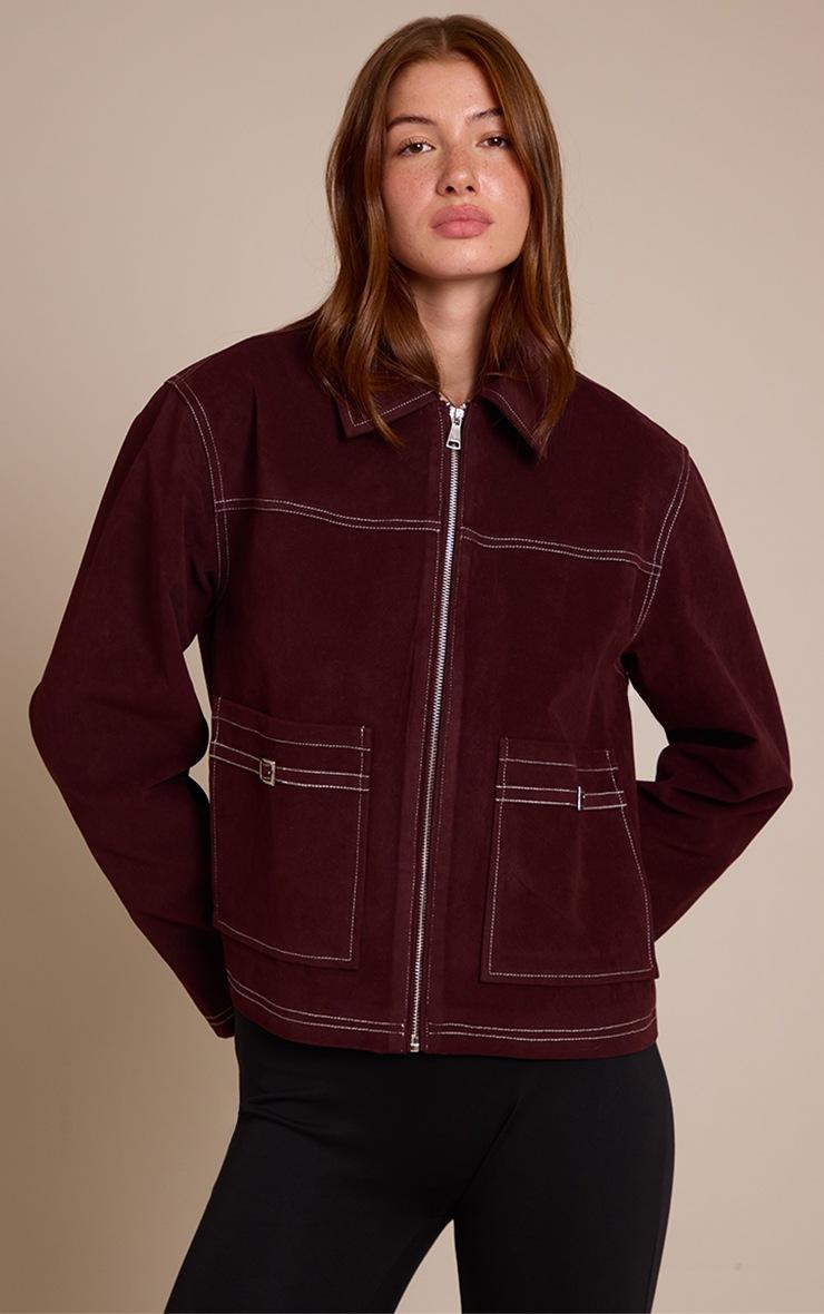 Pretty Little Thing Burgundy Pocket Detail Faux Suede Jacket