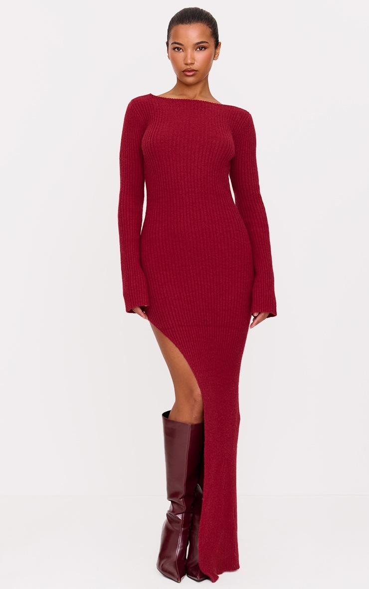 Pretty Little Thing Burgundy Rib Knit Low Back Long Sleeve Maxi Dress